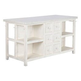 DKD Home Decor Isla Cocina India 1c24 Cottage Blanco Madera y Mármol 76 x 92 x 168 cm con 6 Cajones y 2 Estantes