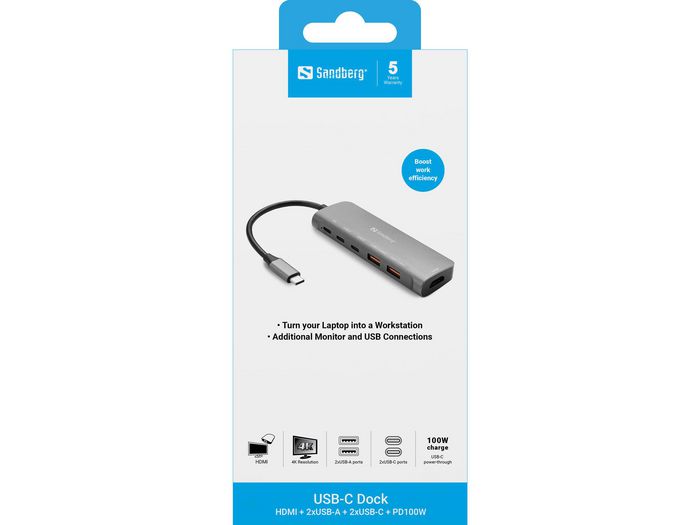 Sandberg Dock USB-C 100W, Hub con HDMI, 2 Puertos USB-A y 2 USB-C, Aluminio, Compatible con MacBook y Portatiles