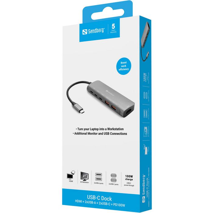 Sandberg Dock USB-C 100W, Hub con HDMI, 2 Puertos USB-A y 2 USB-C, Aluminio, Compatible con MacBook y Portatiles