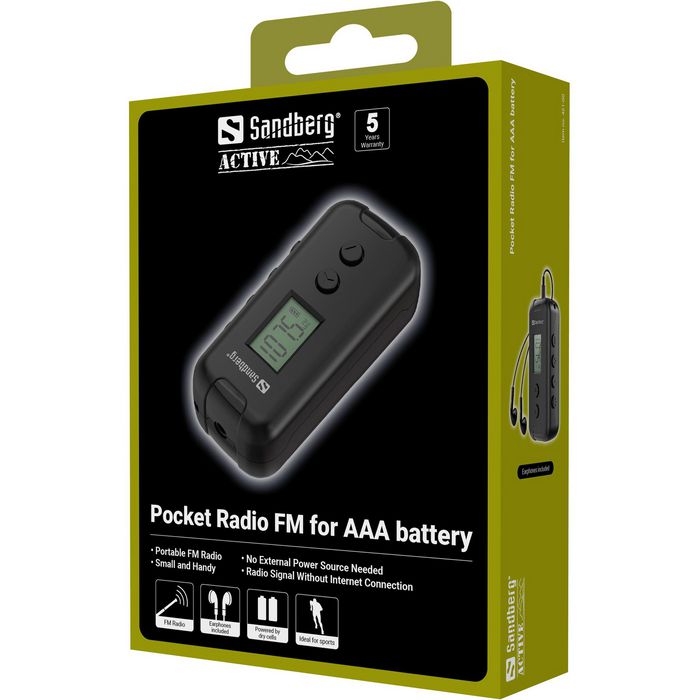 Sandberg Radio FM de Bolsillo para Pila AAA, Compacta y Cómoda para Actividades al Aire Libre y Uso de Emergencia con Auriculares