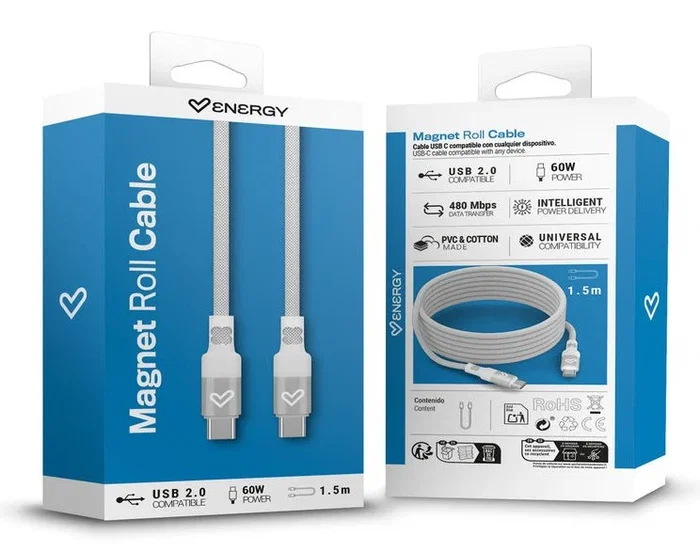 Energy Sistem Magnet Roll Cable USB-C a USB-C 1,5 m 60W Blanco