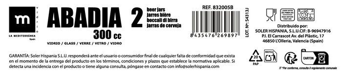 La Mediterranea Set 2 Jarras Cerveza "Abadia" 300 cc (24 Cajas)