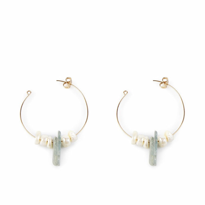 Shabama Pendientes LAO GREEN 4CM Oro Brillo con Perlas de Río y Piedras Naturales