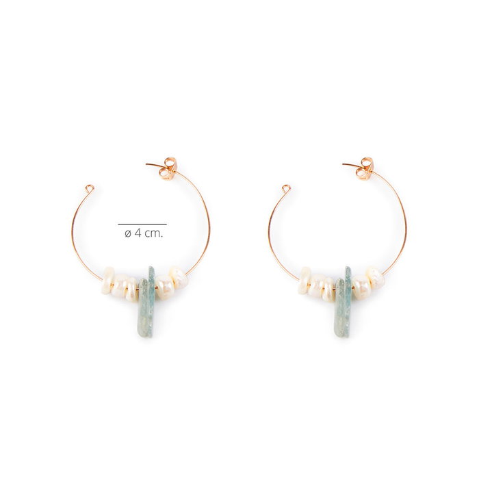 Shabama Pendientes LAO GREEN 4CM Oro Brillo con Perlas de Río y Piedras Naturales
