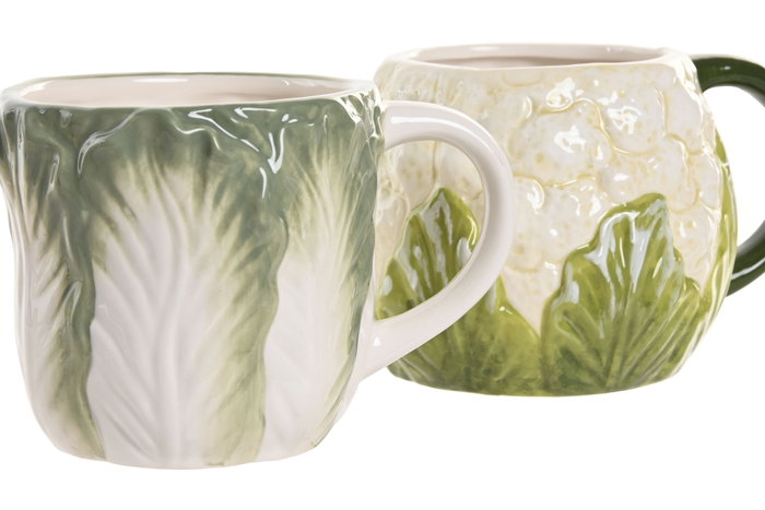 DKD Home Decor Juego de 4 Tazas Mediterráneo de Gres, 400 ml, Verde y Blanco, Frutas 24, Apto Lavavajillas y Microondas, 15 x 12 x 9.5 cm