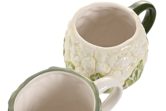 DKD Home Decor Juego de 4 Tazas Mediterráneo de Gres, 400 ml, Verde y Blanco, Frutas 24, Apto Lavavajillas y Microondas, 15 x 12 x 9.5 cm