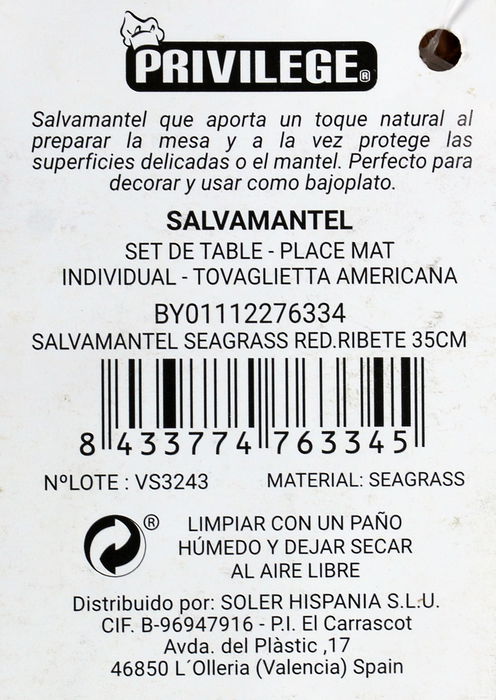 Privilege Salvamantel Seagrass Redondo con Ribete 35 cm (36 Unidades)