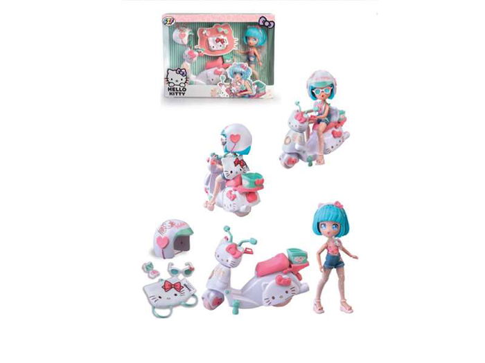 Famosa Hello Kitty Muñeca Articulada Pretty Pink con Scooter 19,5 cm