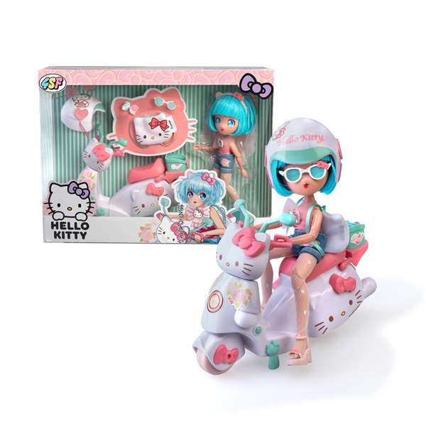 Famosa Hello Kitty Muñeca Articulada Pretty Pink con Scooter 19,5 cm