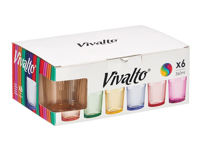 Vivalto Vaso de Vidrio con Rayas, 360 ml, Surtido de 6 Colores (Amarillo, Azul, Naranja, Morado, Rosa, Verde), Dimensiones 8.5 x 9.8 x 8.5 cm (Set de 24)
