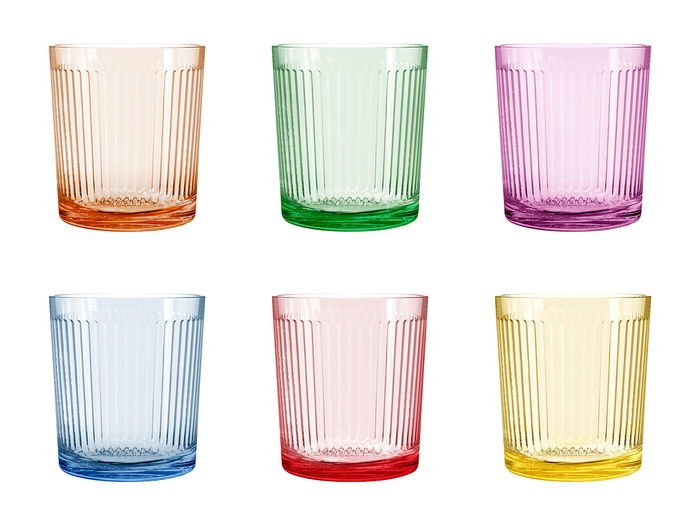 Vivalto Vaso de Vidrio con Rayas, 360 ml, Surtido de 6 Colores (Amarillo, Azul, Naranja, Morado, Rosa, Verde), Dimensiones 8.5 x 9.8 x 8.5 cm (Set de 24)