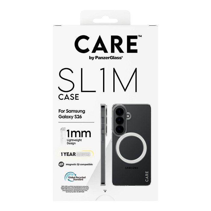 PanzerGlass SL1M Case Transparente con Qi y bolsillo para tarjetas para Samsung Galaxy S26 - Funda protectora resistente a golpes