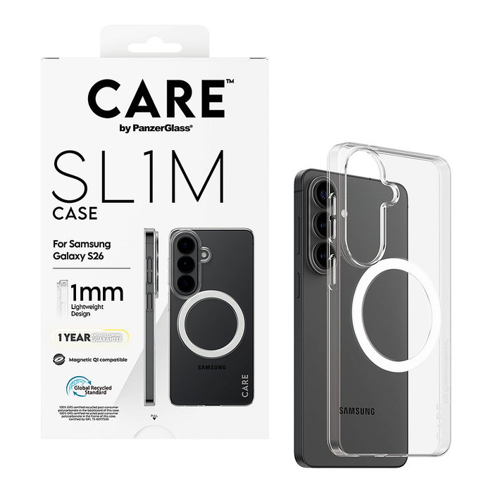 PanzerGlass SL1M Case Transparente con Qi y bolsillo para tarjetas para Samsung Galaxy S26 - Funda protectora resistente a golpes