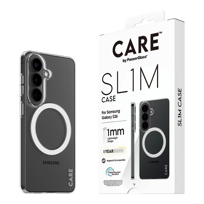 PanzerGlass SL1M Case Transparente con Qi y bolsillo para tarjetas para Samsung Galaxy S26 - Funda protectora resistente a golpes