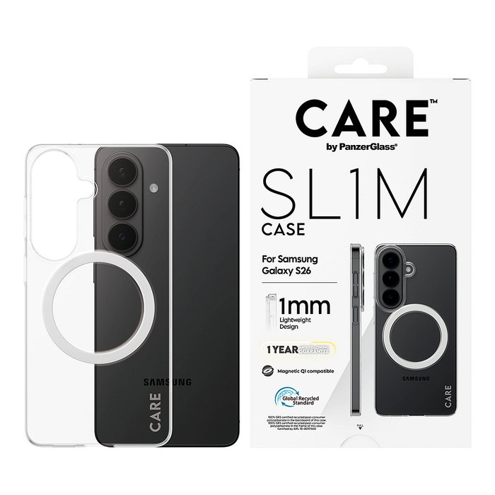 PanzerGlass SL1M Case Transparente con Qi y bolsillo para tarjetas para Samsung Galaxy S26 - Funda protectora resistente a golpes