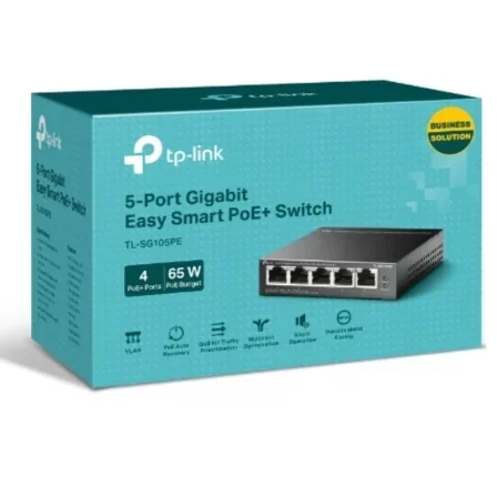 TP-Link Switch TL-SG105PE V2 5 Puertos Gigabit RJ45 10/100/1000 Mbps, 4 Puertos PoE+ con 65W Total, Carcasa Metálica, Gestión Web y Plug & Play