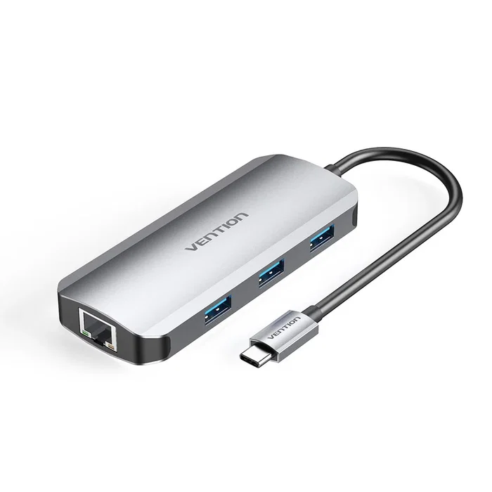 Vention TOHHB Docking Station USB-C 4K HDMI 100W PD, Ethernet RJ45, 3xUSB 3.2, Aluminio Plata, USB 3.2 Gen 1, 5 Gbit/s