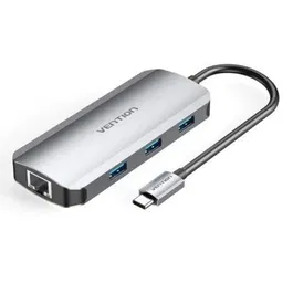 Vention TOHHB Docking USB Tipo-C con HDMI 4K, 3xUSB 3.0, RJ45 Gigabit Ethernet y USB-C PD 100W, Color Gris