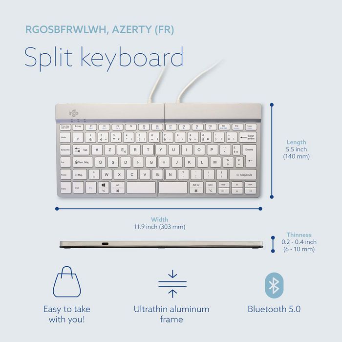 R-Go Tools R-Go Split Break Teclado Ergonómico Split con Software de Pausa, AZERTY (FR), Bluetooth, Blanco