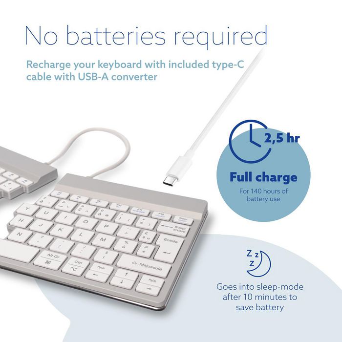 R-Go Tools R-Go Split Break Teclado Ergonómico Split con Software de Pausa, AZERTY (FR), Bluetooth, Blanco