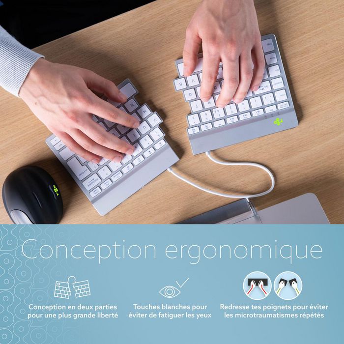 R-Go Tools R-Go Split Break Teclado Ergonómico Split con Software de Pausa, AZERTY (FR), Bluetooth, Blanco