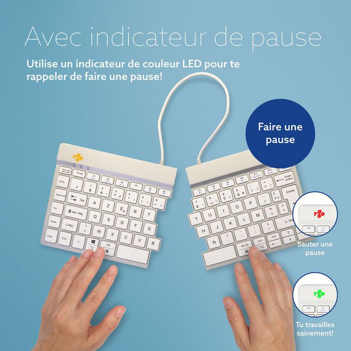 R-Go Tools R-Go Split Break Teclado Ergonómico Split con Software de Pausa, AZERTY (FR), Bluetooth, Blanco