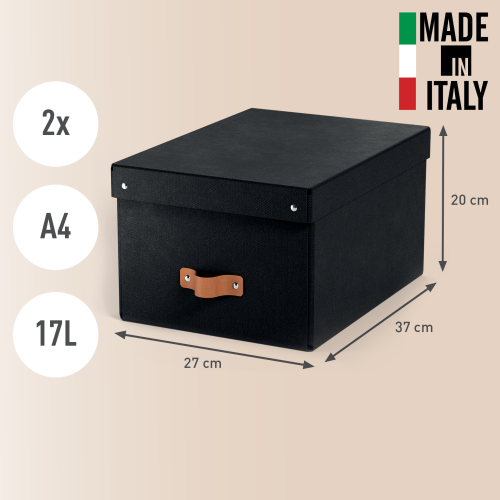 Leitz 61490095 PACK 2 CAJAS ALMACENAMIENTO CARTÓN MEDIANA NEGRO 17L FSC TAPA EXTRAÍBLE ASA TRANSPORTE