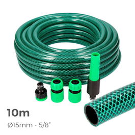 Edm Kit Manguera de Jardín Basic Ø15 mm (5/8 pulg) 10 m, Verde, PVC 3 Capas Anti-Algas con Accesorios