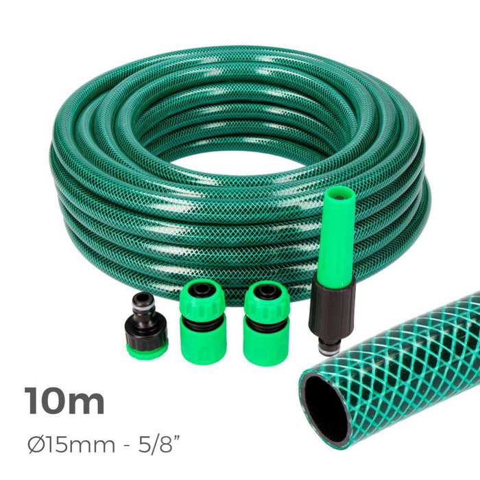 Edm Kit Manguera de Jardín Basic Ø15 mm (5/8 pulg) 10 m, Verde, PVC 3 Capas Anti-Algas con Accesorios Edm Kit Manguera de Jardín Basic Ø15 mm (5/8 pulg) 10 m, Verde, PVC 3 Capas Anti-Algas con Accesorios