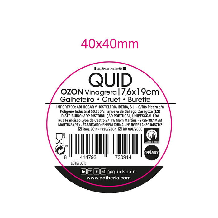 Vinagrera Blanca Cerámica Ozon Quid 7,6x7,6x19 cm (12 Unidades)
