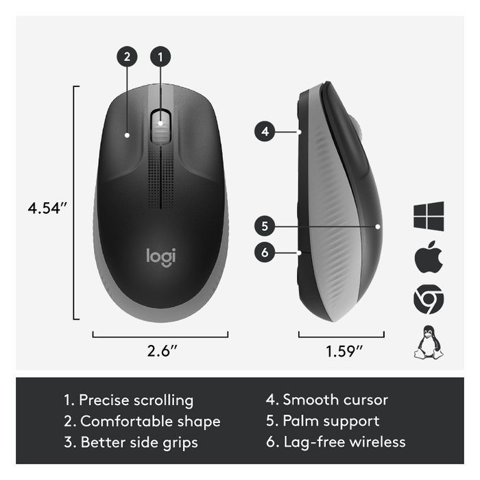 Logitech M190 Ratón Inalámbrico Ergonómico Gris
