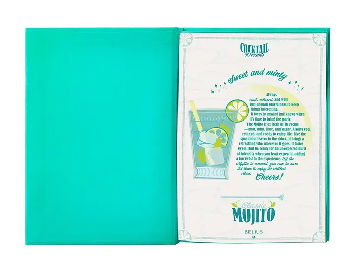 Belius Cocktails Mojito Bolígrafo y Cartera de Aluminio Verde Plateado con Relieve, Tinta Azul, Caja Diseño