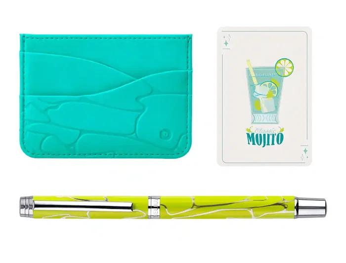 Belius Cocktails Mojito Bolígrafo y Cartera de Aluminio Verde Plateado con Relieve, Tinta Azul, Caja Diseño