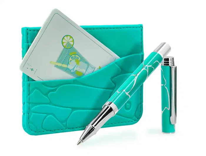 Belius Cocktails Mojito Bolígrafo y Cartera de Aluminio Verde Plateado con Relieve, Tinta Azul, Caja Diseño