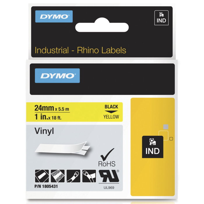 Dymo Rhino Cinta de Vinilo ID1-24 Negro sobre Amarillo 24mm x 5,5m Dymo Rhino Cinta de Vinilo ID1-24 Negro sobre Amarillo 24mm x 5,5m