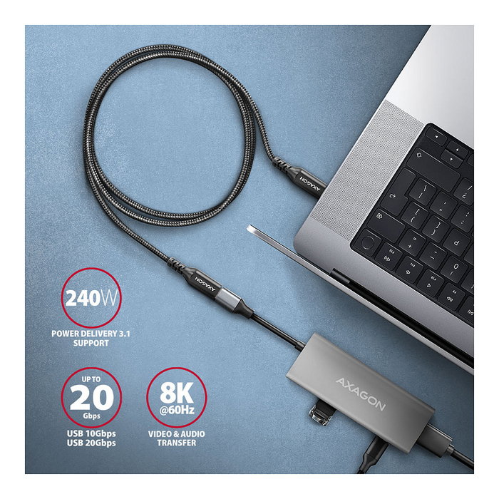 Axagon BUCM32-CF10AB Cable de extensión USB-C a USB-C 3.2 Gen 2, 1 m, 20 Gbps - Aluminio