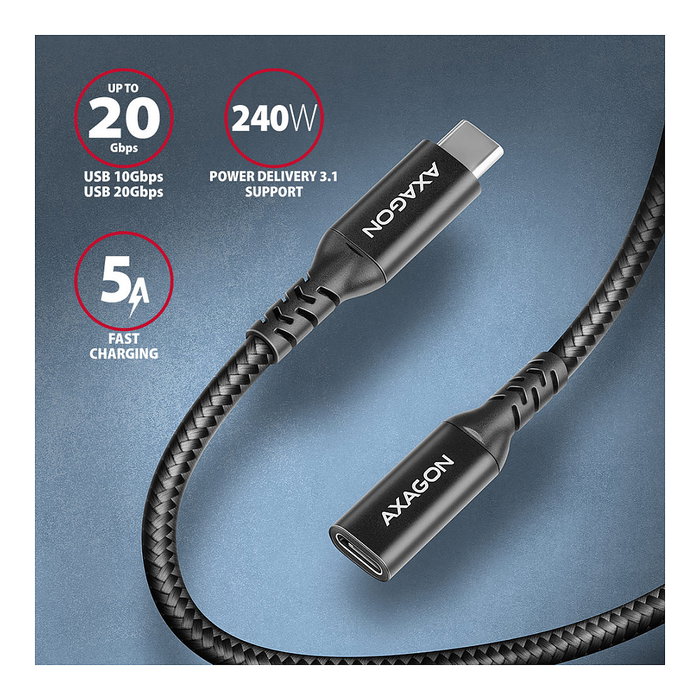 Axagon BUCM32-CF10AB Cable de extensión USB-C a USB-C 3.2 Gen 2, 1 m, 20 Gbps - Aluminio