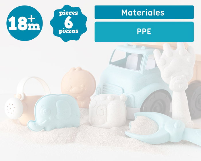 KioKids Juego de Playa Camión con Remolque, 6 Piezas Incluye Pala, Rastrillo, Regadera y Moldes de Animales para Niños +18 Meses, Multicolor
