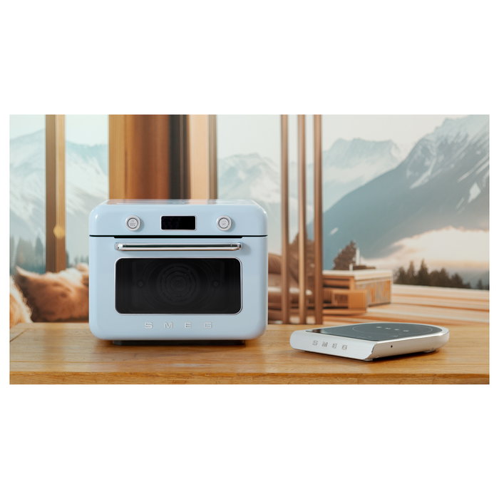 Smeg COF01PBEU Mini Horno Vintage Pastellblau 30L 1800W con Vapor, 3 Estantes, Azul