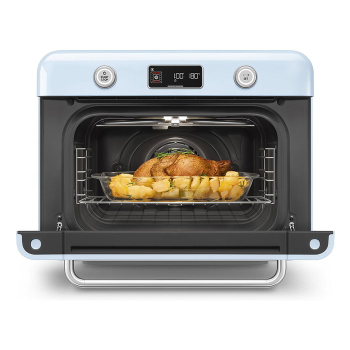 Smeg COF01PBEU Mini Horno Vintage Pastellblau 30L 1800W con Vapor, 3 Estantes, Azul