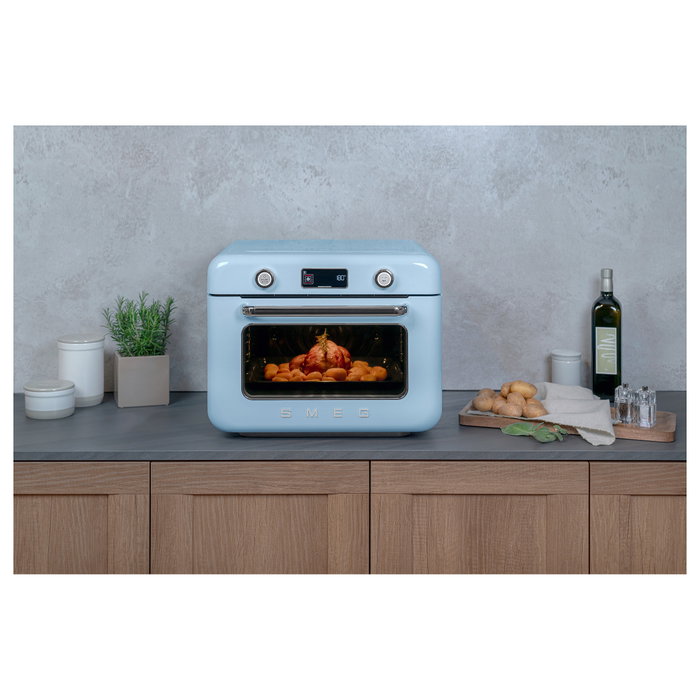 Smeg COF01PBEU Mini Horno Vintage Pastellblau 30L 1800W con Vapor, 3 Estantes, Azul
