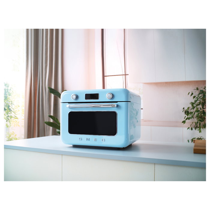 Smeg COF01PBEU Mini Horno Vintage Pastellblau 30L 1800W con Vapor, 3 Estantes, Azul