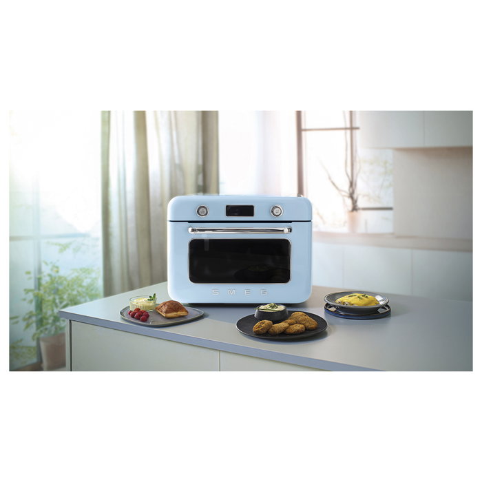 Smeg COF01PBEU Mini Horno Vintage Pastellblau 30L 1800W con Vapor, 3 Estantes, Azul