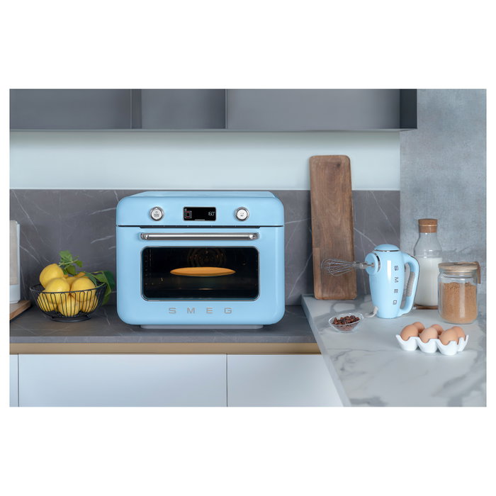 Smeg COF01PBEU Mini Horno Vintage Pastellblau 30L 1800W con Vapor, 3 Estantes, Azul