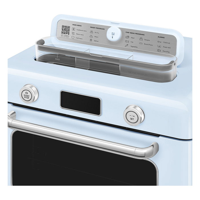 Smeg COF01PBEU Mini Horno Vintage Pastellblau 30L 1800W con Vapor, 3 Estantes, Azul