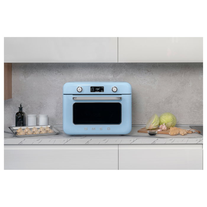 Smeg COF01PBEU Mini Horno Vintage Pastellblau 30L 1800W con Vapor, 3 Estantes, Azul