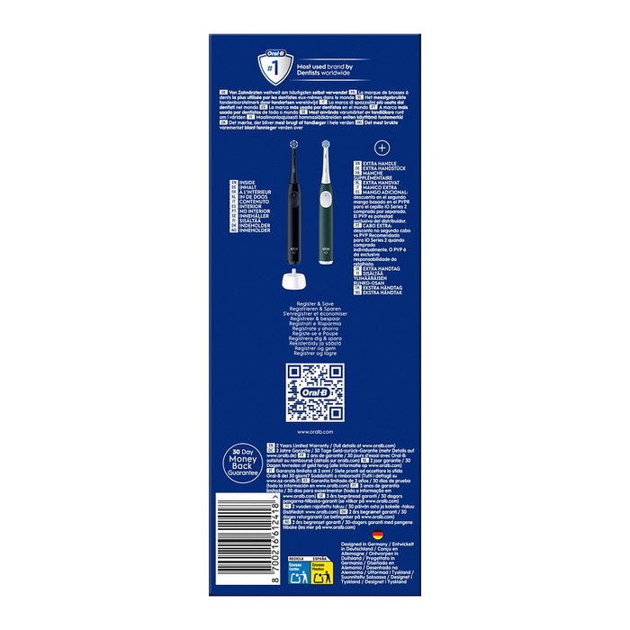Oral-B iO Series 2 Cepillo Dental Eléctrico Recargable - 2 Mangos (Negro/Night Black & Verde/Forest Green) con 2 Cabezales, 3 Modos, Sensor de Presión