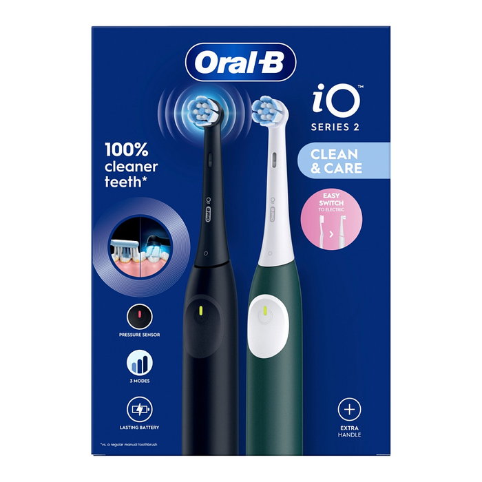 Oral-B iO Series 2 Cepillo Dental Eléctrico Recargable - 2 Mangos (Negro/Night Black & Verde/Forest Green) con 2 Cabezales, 3 Modos, Sensor de Presión