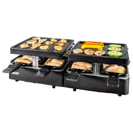 UNOLD 48755 Raclette Extendible para 8 Personas, Placa de Aluminio Antiadherente, Negro, 1300W, Rectangular, Incluye 8 Cacerolas y Espátulas