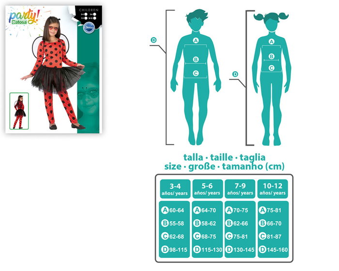 Disfraz Mariquita Niña Infantil Rojo 5-6 Años Halloween Carnaval Temática Animales 4 Piezas: Mono, Falda, Alas y Diadema Antenas